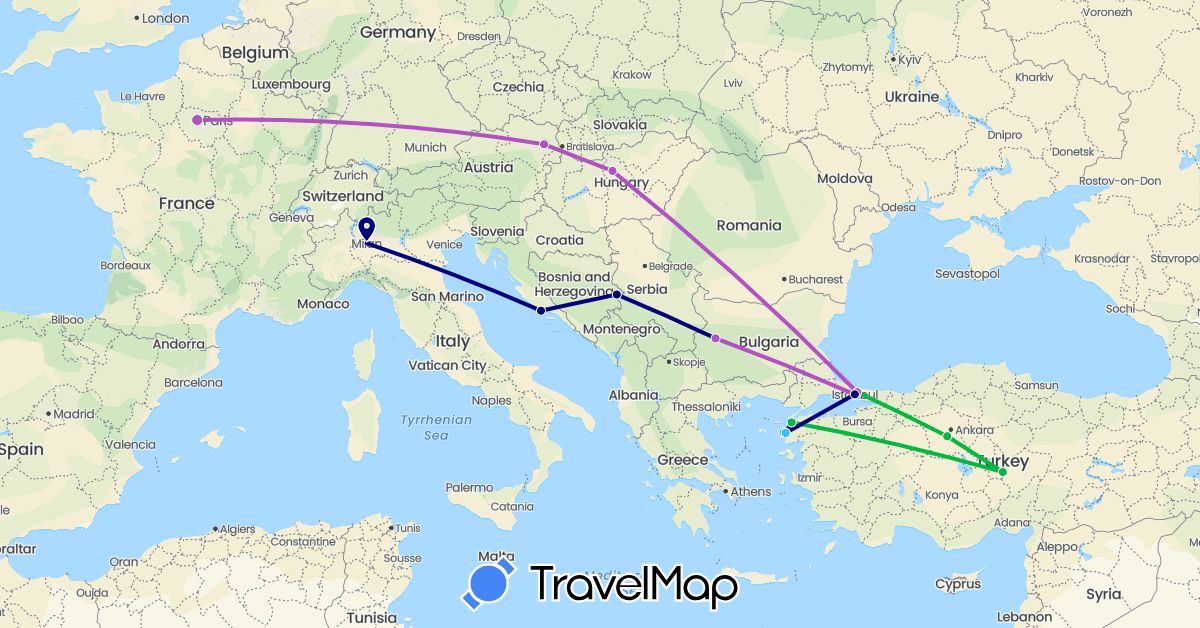 TravelMap itinerary: driving, bus, train, boat in Austria, Bulgaria, France, Croatia, Hungary, Italy, Serbia, Turkey (Asia, Europe)